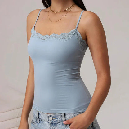 Fairy Coquette Lace Trim Slim Fit Women’s Y2K Crop Camisole Top – Summer Spaghetti Strap Sleeveless Solid Color Tank Vest