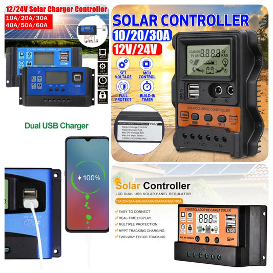 Solar Charge Controller 12V/24V PWM MPPT - LCD Display Battery Regulator with Timer Settings (10A–100A)