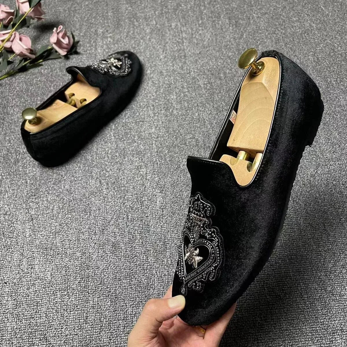 Men’s Luxury Embroidered Loafers - Black Wedding Tuxedo, Business & Formal Dress Shoes