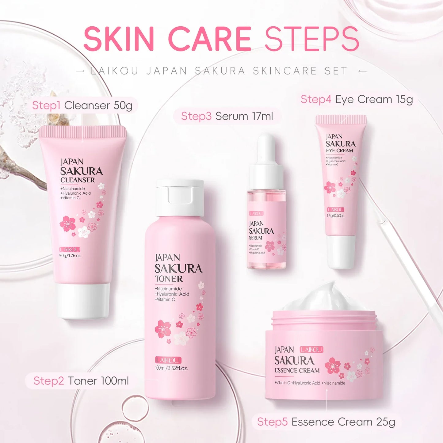 LAIKOU Sakura Skincare Set - 5 Piece Beauty Kit for Moisturizing, Pore Care & Fine Line Reduction