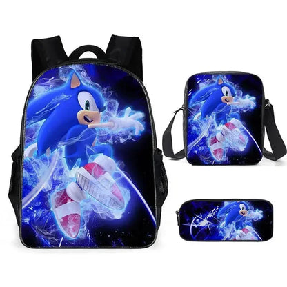 3PC Cartoon School Bag Set – Sonic Lunch Bag, Pencil Case & Backpack for Primary & Middle School Students
