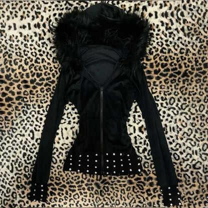 Y2K Harajuku Women's Fur Collar Hoodie – Slim Chic Solid Color Cardigan Sweatshirt, Goth Punk Streetwear