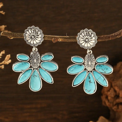 Vintage Tribal Gemstone Earrings - Women's Ethnic Style Rose Red Blue Fashion Jewelry Gift