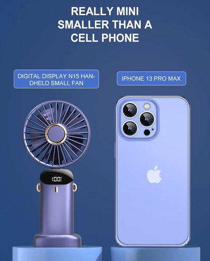 5000mAh Handheld Mini Fan – Wireless USB Rechargeable Portable Fan with Digital Display, Phone Holder, 5-Speed Foldable Neck Hanging Fan
