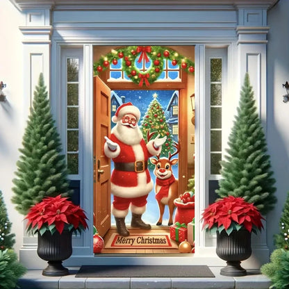 Cute Animals Christmas & New Year Door Cover – Dog, Cat, Snowman, Gingerbread Man Holiday Outdoor Winter Decoration Gift