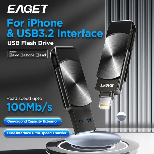 Eaget MFi USB Flash Drive - Lightning to USB 3.2 Memory Stick 64GB 128GB 256GB 1TB for iPhone iPad PC & Laptop