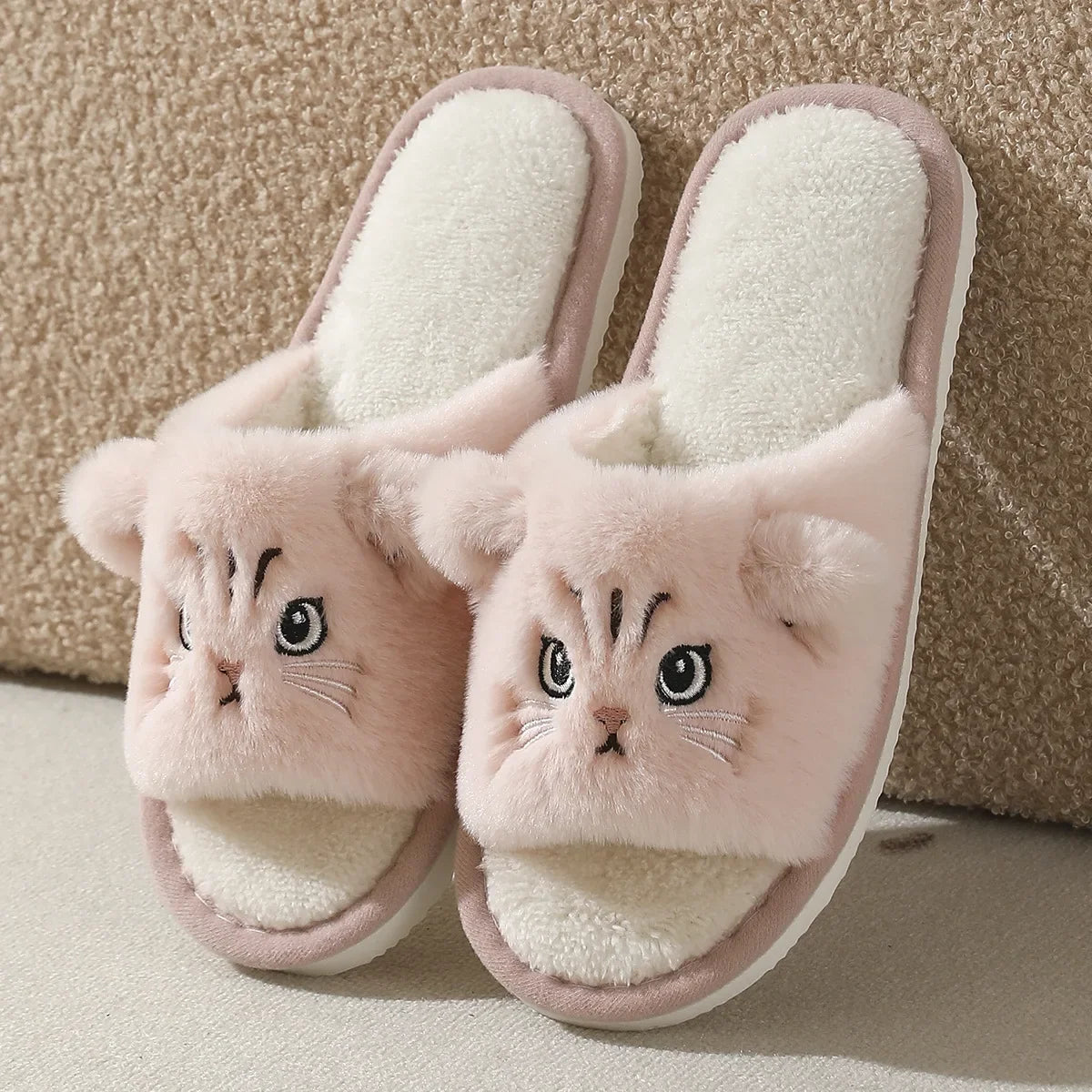 Cartoon Cat Plush Slippers - Women’s Open Toe Faux Fur Indoor Shoes with Non-Slip Wave Sole