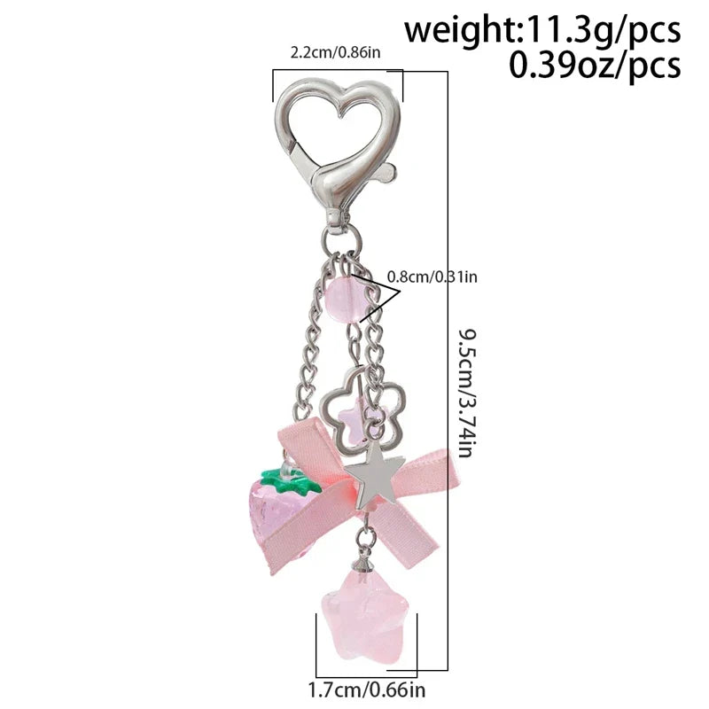 Cute Strawberry Bow Keychain - Y2K Pink Star Flower Tassel Heart Phone Charm Pendant for Women & Girls