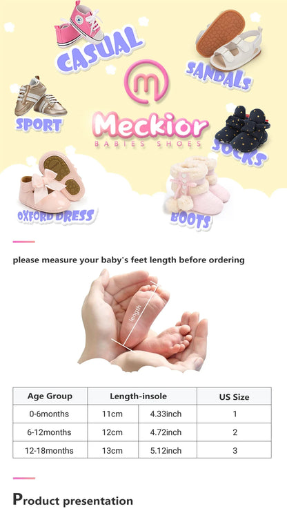 Meckior Baby Girl Shoes – Bowknot PU Ballet Slippers with Rubber Anti-Slip Sole, First Walker Toddler Crib Dress Shoes