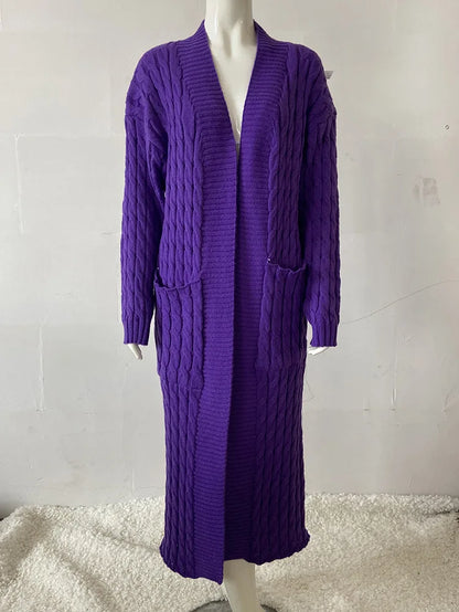 Women’s Long Knit Cardigan with Pockets – Vintage Full Sleeve Thick Autumn Winter Sweater Coat