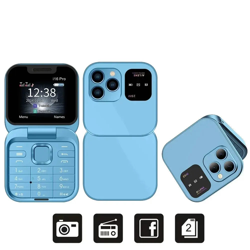 SERVO I16 Pro Mini Fold Mobile Phone — Dual SIM 2G GSM Flip Cellphone with Speed Dial, FM, 3.5mm Jack & Video Player
