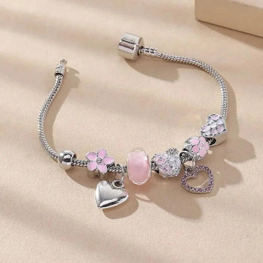 Obega Love Heart Flower Glass Pendant Charm Bracelet – Adjustable Pink & White Crystal Stone Bead Bracelet in Silver/Gold