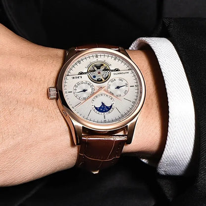 LIGE Men's Automatic Mechanical Tourbillon Watch - Waterproof Genuine Leather Military Wristwatch