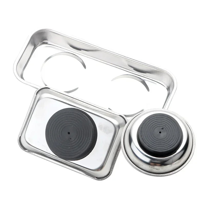 Magnetic Stainless Steel Parts Tray - Round & Square Bowl Organizer for Screws, Nuts, Bolts and Small Parts Storage