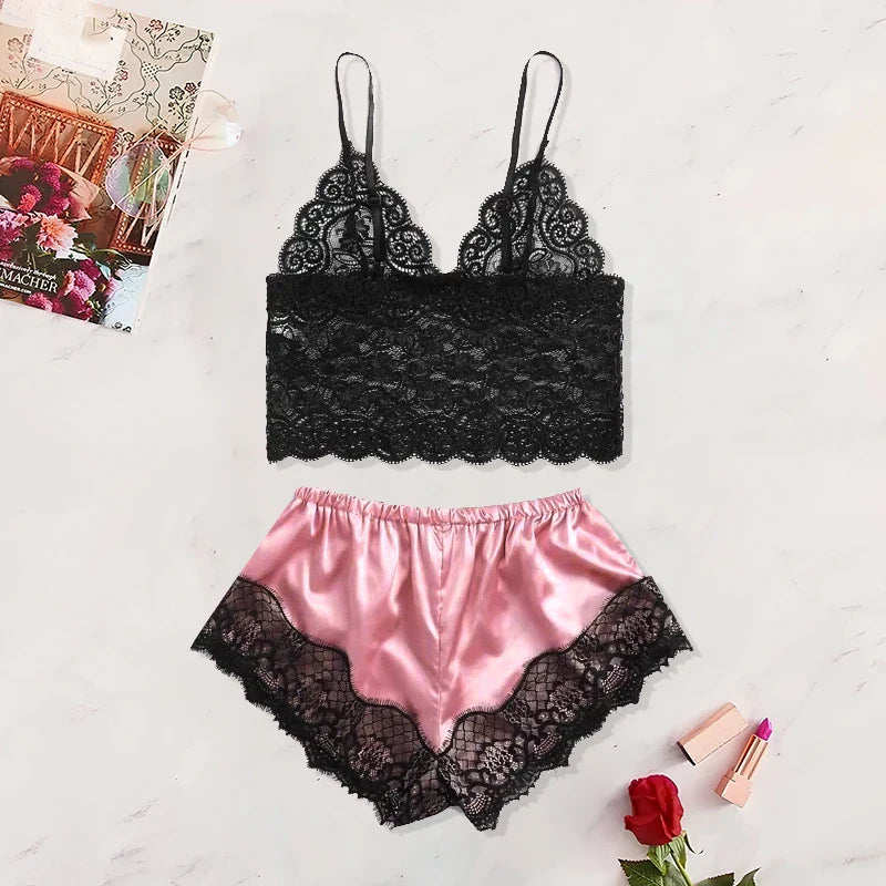 2025 Summer Women's Sexy Lace See-Through Pajamas Set – Black & Pink, Comfortable Breathable Suspender Shorts