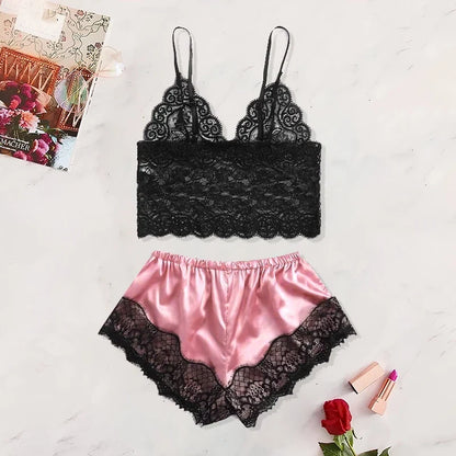 Women's Lace Pajama Set - Sexy See-Through Camisole & Shorts Sleepwear for Summer Comfort