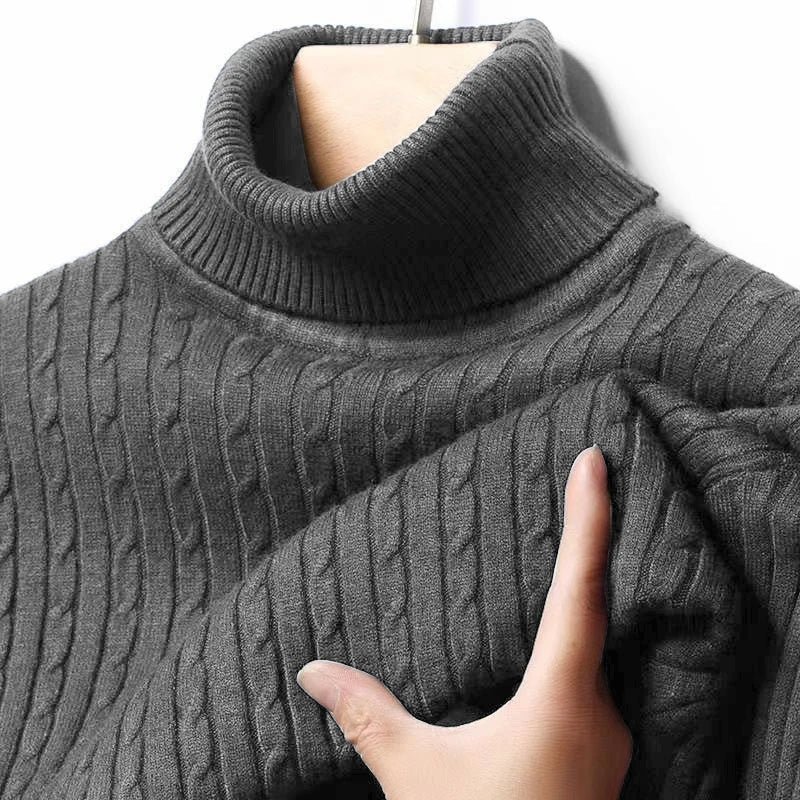 Men's Autumn Ribbed Turtleneck Sweater - Warm Fitted Jacquard Striped Knitted Long Sleeve Pullover Top