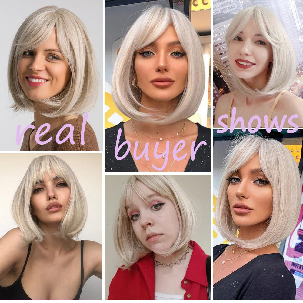 Short Bob Platinum Blonde Wig with Bangs – Synthetic Straight Hair, Heat-Resistant Wig for White Women, Daily & Party Wear