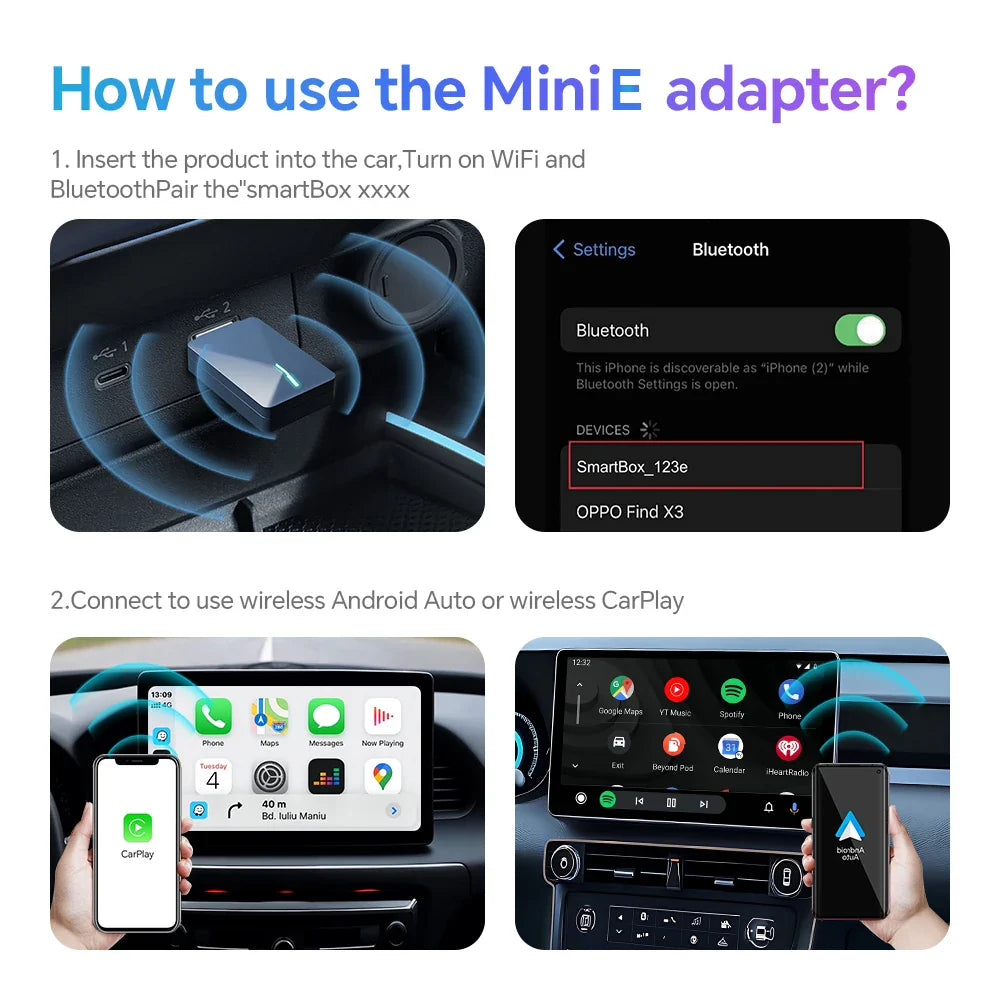 Mini 2 in 1 AI Box for Wired to Wireless CarPlay and Android Auto - 5GHz WiFi5, High-Speed Transmission, Plug and Play, Portable Design