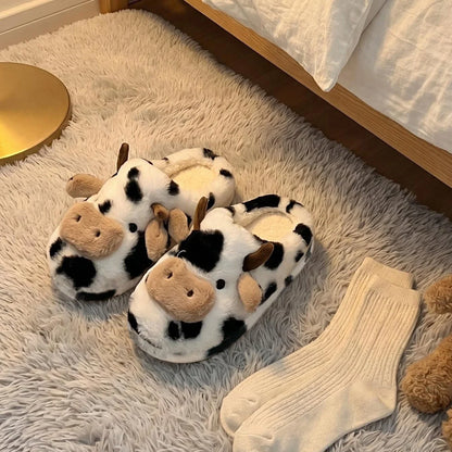 3D Cow Plush Slippers - Cute Fluffy Warm Non-Slip Indoor Home Shoes for Women