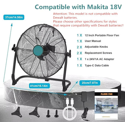 Cordless Floor Fan - 12/16-Inch Portable Fan Compatible with DeWalt 20V Max Batteries