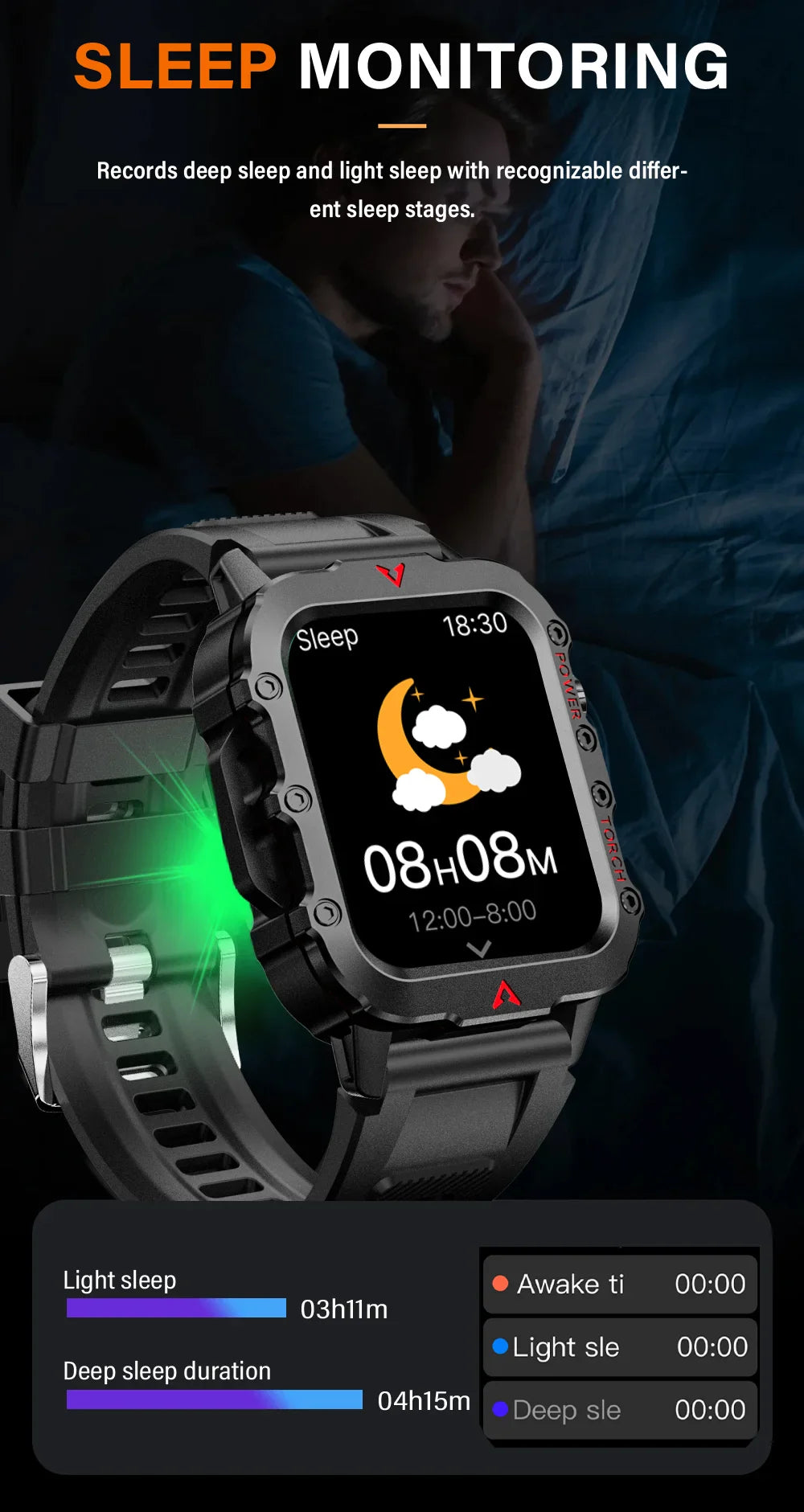 LAXASFIT Men’s Smart Watch – LED Flashlight, Outdoor Sports, Health Monitoring Wristwatch