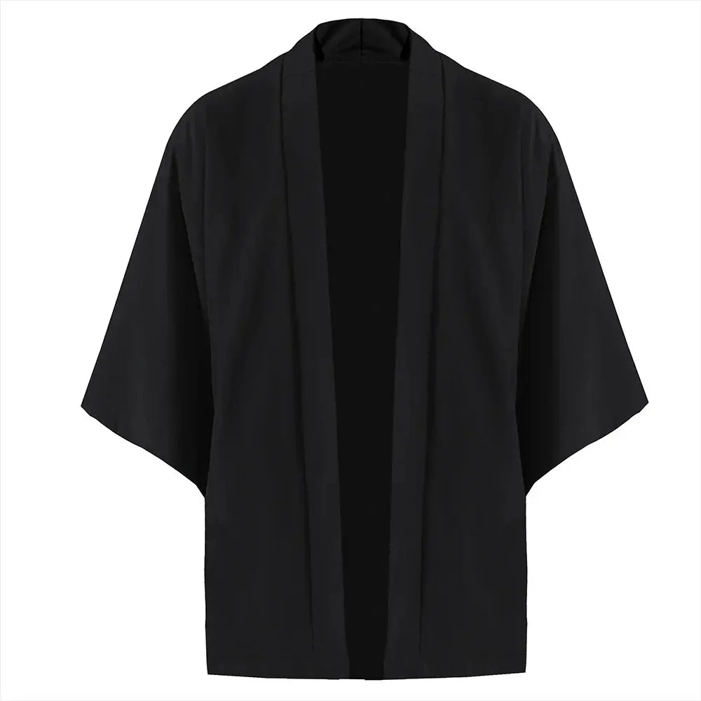 Men’s Casual Open Stitch Shirt - Lightweight Black Yukata Cardigan with 3/4 Sleeves for Summer Vacation