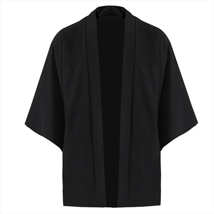 Men’s Casual Open Stitch Shirt - Lightweight Black Yukata Cardigan with 3/4 Sleeves for Summer Vacation