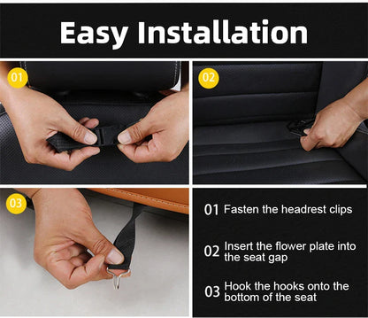 Car Seat Back Organizer with Foldable Table Tray – PU Leather Storage with Pockets, Kick Mats & Interior Accessories
