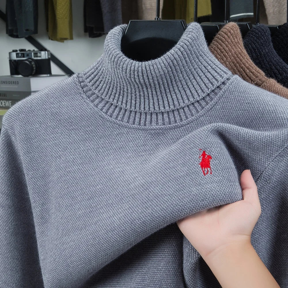 Men's Velvet High Neck Sweater - Luxury Pony Embroidery Thick Warm Winter Knitted Pullover