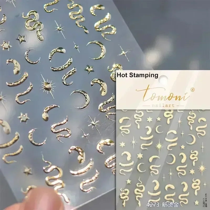 5D Gold Stamped Nail Art Stickers - Silver Sun Stars Snake Chinese Style Self-Adhesive Manicure Decals