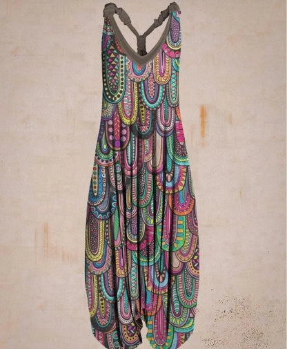 Bohemian Wide Leg Jumpsuit - Vintage Mandala Paisley Print Loose Fit Backless Women Harem Romper