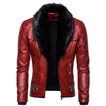 Men's Winter Fleece Motorcycle Jacket - Fur Collar Slim Fit Warm PU Leather Biker Bomber Coat