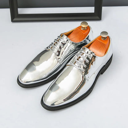 Men’s Luxury Silver Patent Leather Oxford Shoes - Pointed Toe Wedding & Party Dress Shoes 38-50