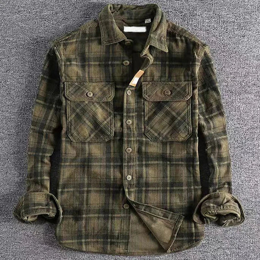 Men’s Vintage Plaid Corduroy Shirt - Long Sleeve Spring & Autumn Classic Casual Fashion Top