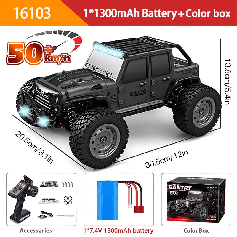 16103 Fast RC Cars – 50km/h 1/16 Off-Road 4WD Monster Truck with LED Headlights, 2.4G Waterproof Remote Control (For Adults & Kids)