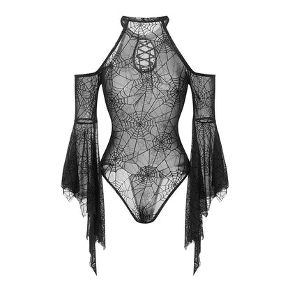 Halloween Women's Bodysuit — Long Sleeve Cold Shoulder Spider Web Romper, Sheer Clubwear Top