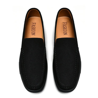Men's Suede Leather Loafers - Black Slip-On Casual Driving & Business Shoes in Large Sizes