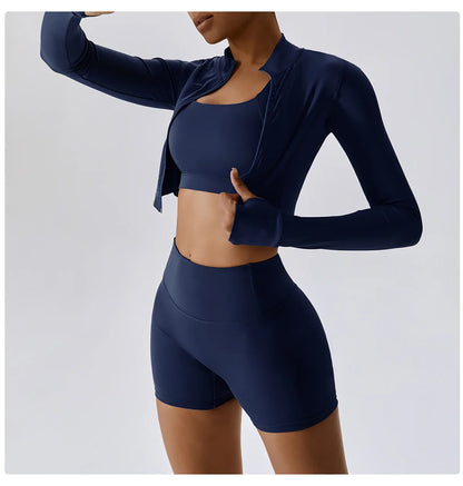 3PCS Women’s Yoga & Workout Set – Long Sleeve Zipper Top with High Waist Leggings Fitness Sportswear