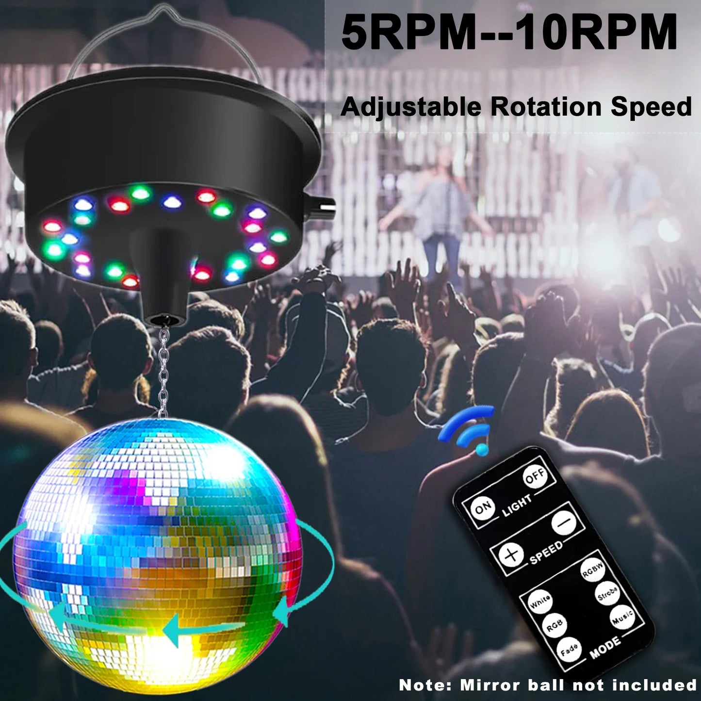 RGBW Disco Ball Motor with Remote - Adjustable 5-10RPM Mirror Ball Spinner with Multi-Mode LED Lighting