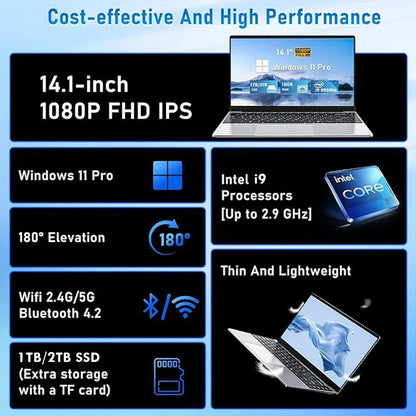 14.1" Portable Windows 11 Pro Laptop — Intel Core i9, 16GB RAM, 1TB/2TB SSD, HD Screen Gaming PC