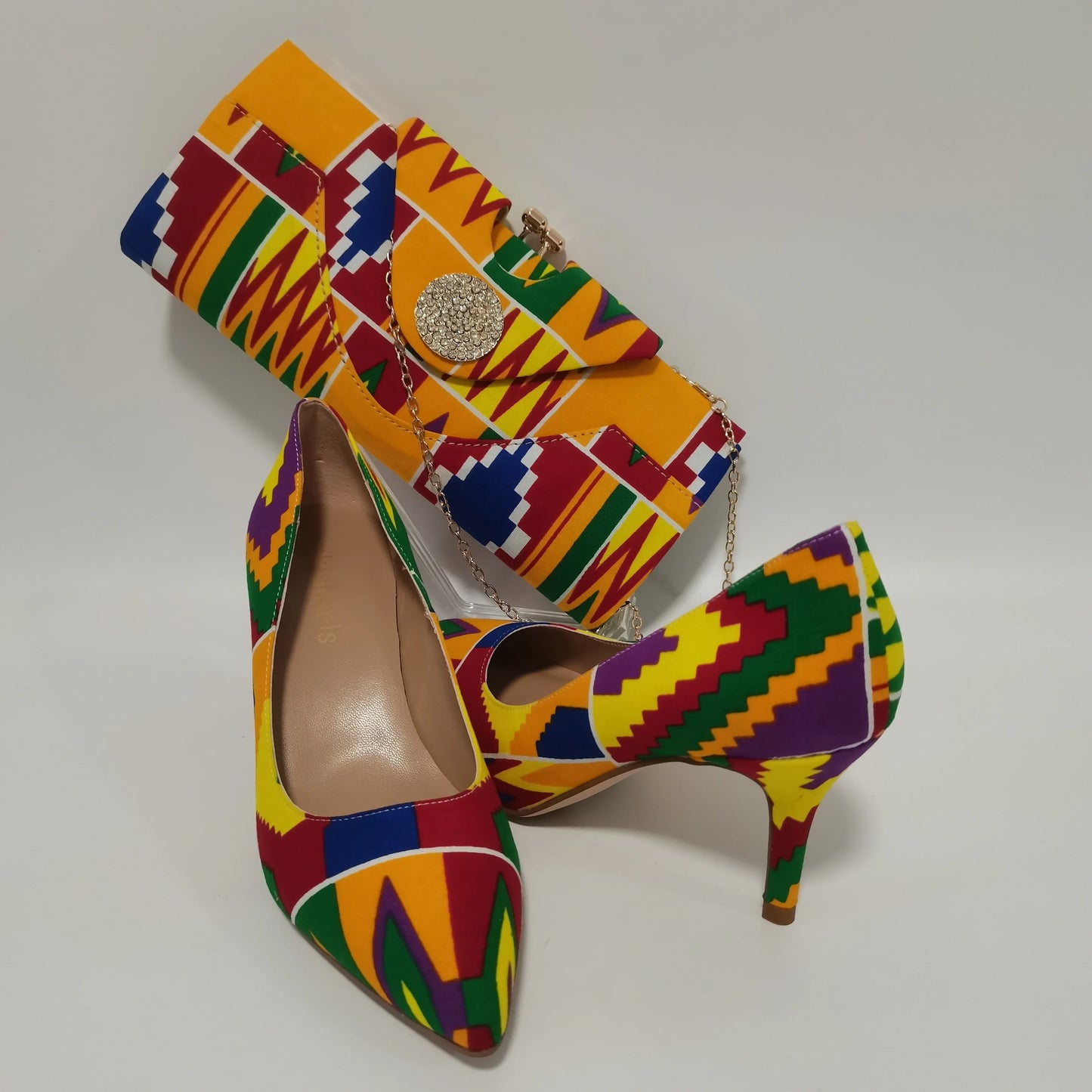 African Kente Print Women’s Shoe & Purse Set - Ankara Wax Print High Heels for Parties, Sizes 37-42