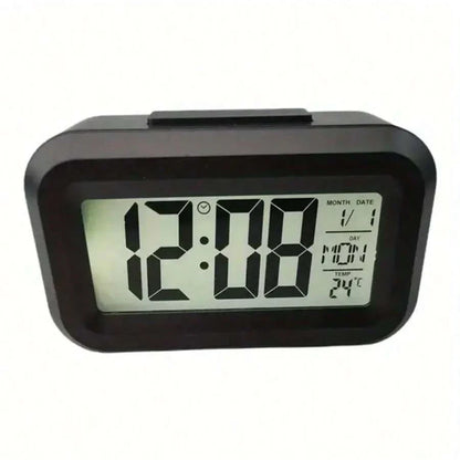 Smart Digital Alarm Clock – Black & White LCD with Temperature, Calendar, Timer & LED Light for Bedroom or Office (No Battery)