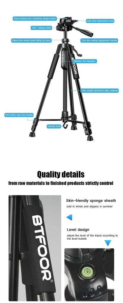 55" Aluminum Phone & Camera Tripod – 140CM Tall Travel Stand with Quick Release Plate & Pan Head for Canon Nikon DSLR SLR