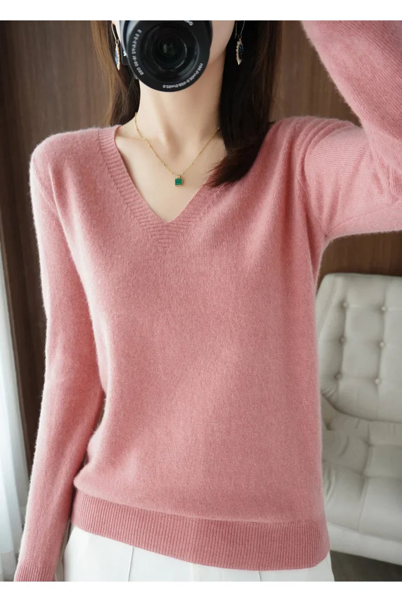 New Women’s Cashmere V-Neck Pullover – Lace Hollow Out Long Sleeve Knitted Sweater for Fall & Winter