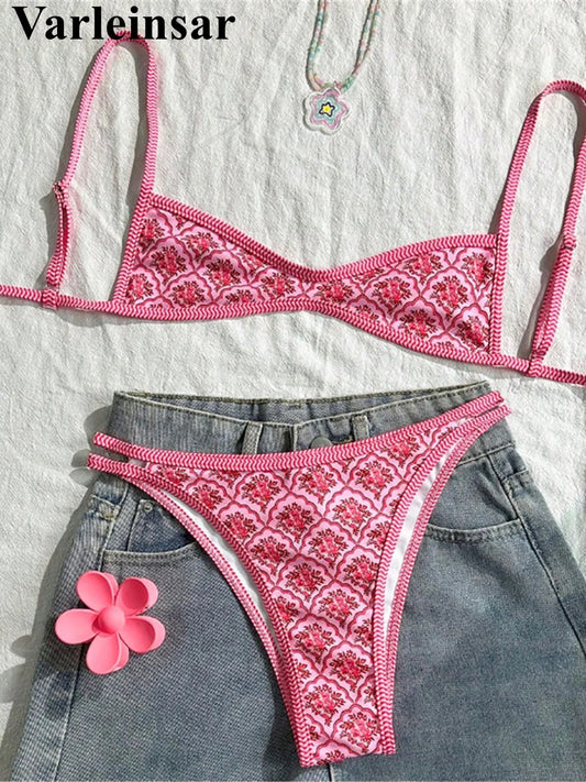 Floral Print High Leg Bikini Set - Women's Two Piece Swimsuit High Cut Beach Swimwear