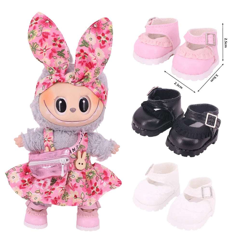 3.8cm Doll Shoes for 17cm Labubu Doll — Solid Color Lace-Up Canvas PU Shoes, Doll Clothing Accessories & Girl’s Toy Gift