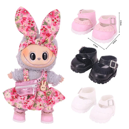 3.8cm Doll Shoes for 17cm Labubu Doll — Solid Color Lace-Up Canvas PU Shoes, Doll Clothing Accessories & Girl’s Toy Gift