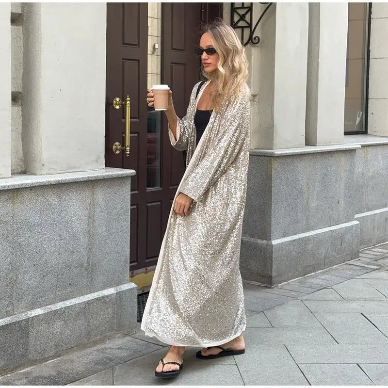 Women’s Sparkly Sequin Maxi Coat – Luxury Open Front Long Sleeve Outerwear