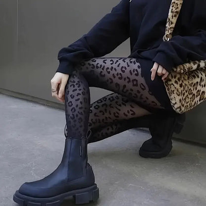 Vintage Sheer Leopard Pantyhose - Sexy Transparent Gothic Black Seamless Tights for Women